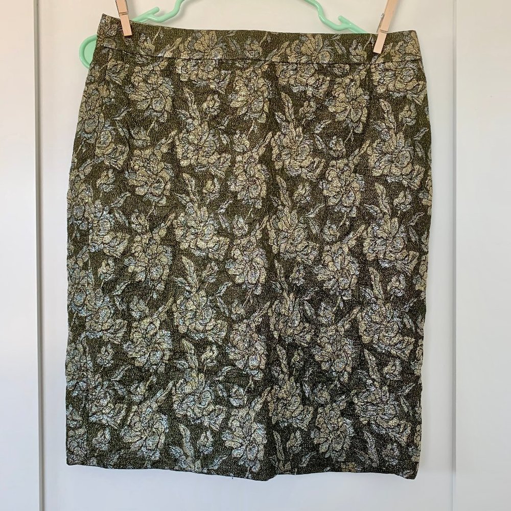 NWOT J Crew Metallic Foil Green Gold Floral Skirt
